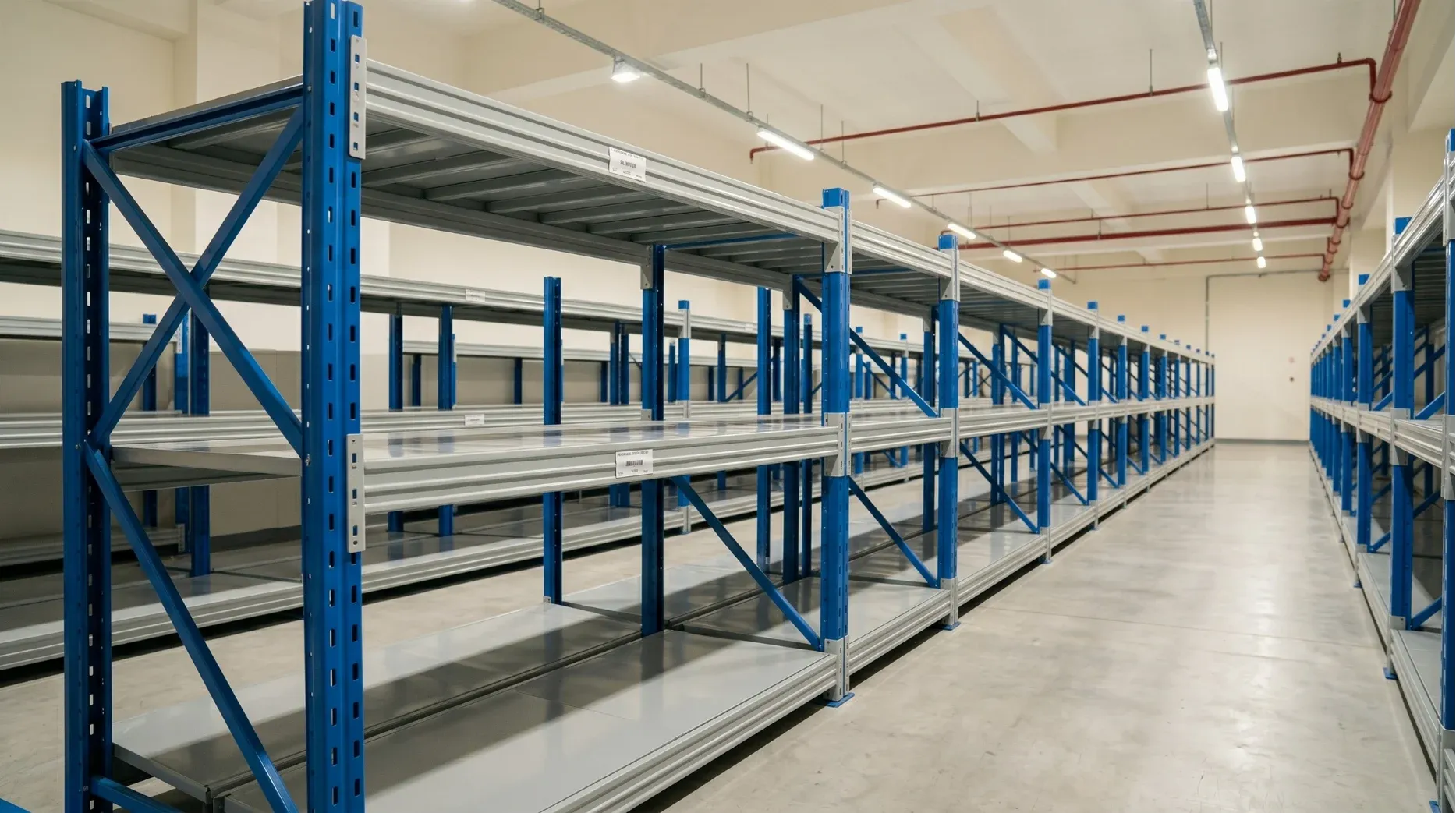 Organized cardboard boxes stored on clean steel panels shelves