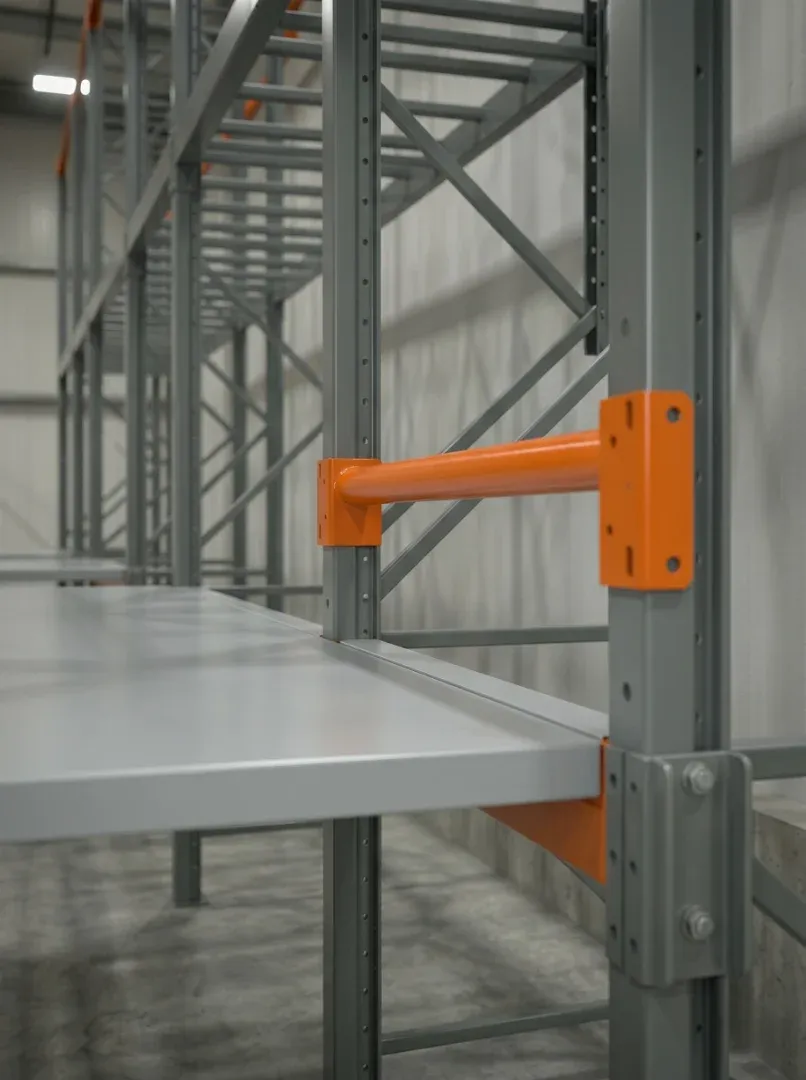 Close up details of the steel load stop bar attached to a heavy duty beam