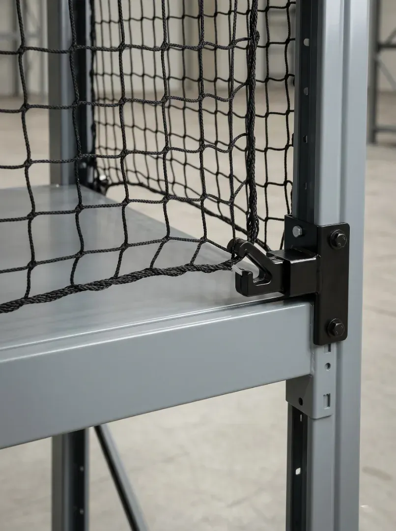 High visibility nylon safety netting guarding single row pallet racking systems