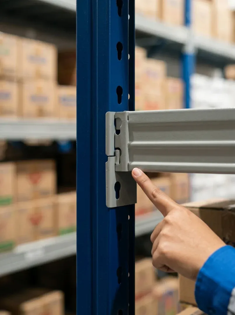 Close up of boltless interlocking connection design on medium duty rack