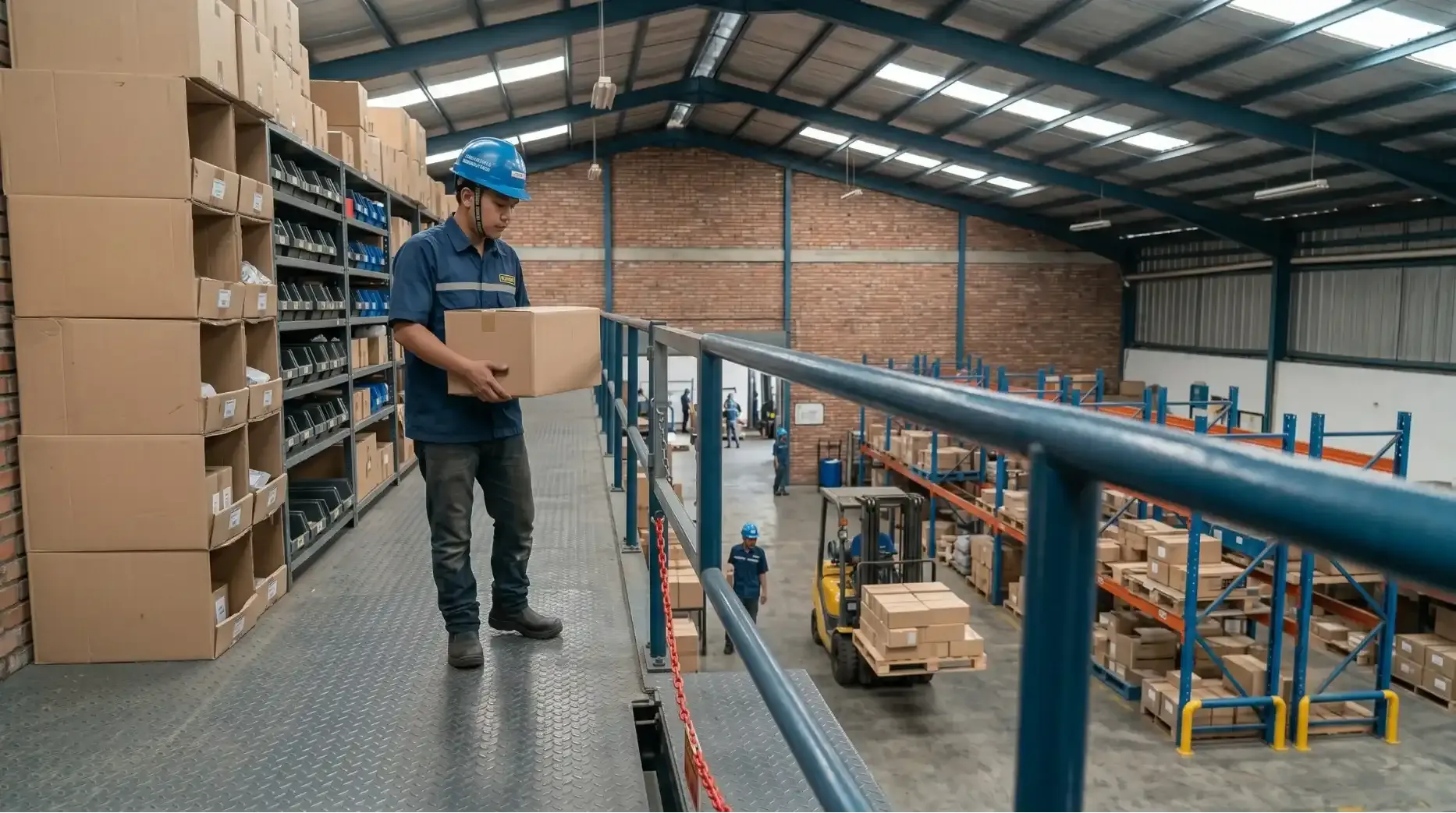 Safety handrails and loading gate setup for forklift pallet transfer
