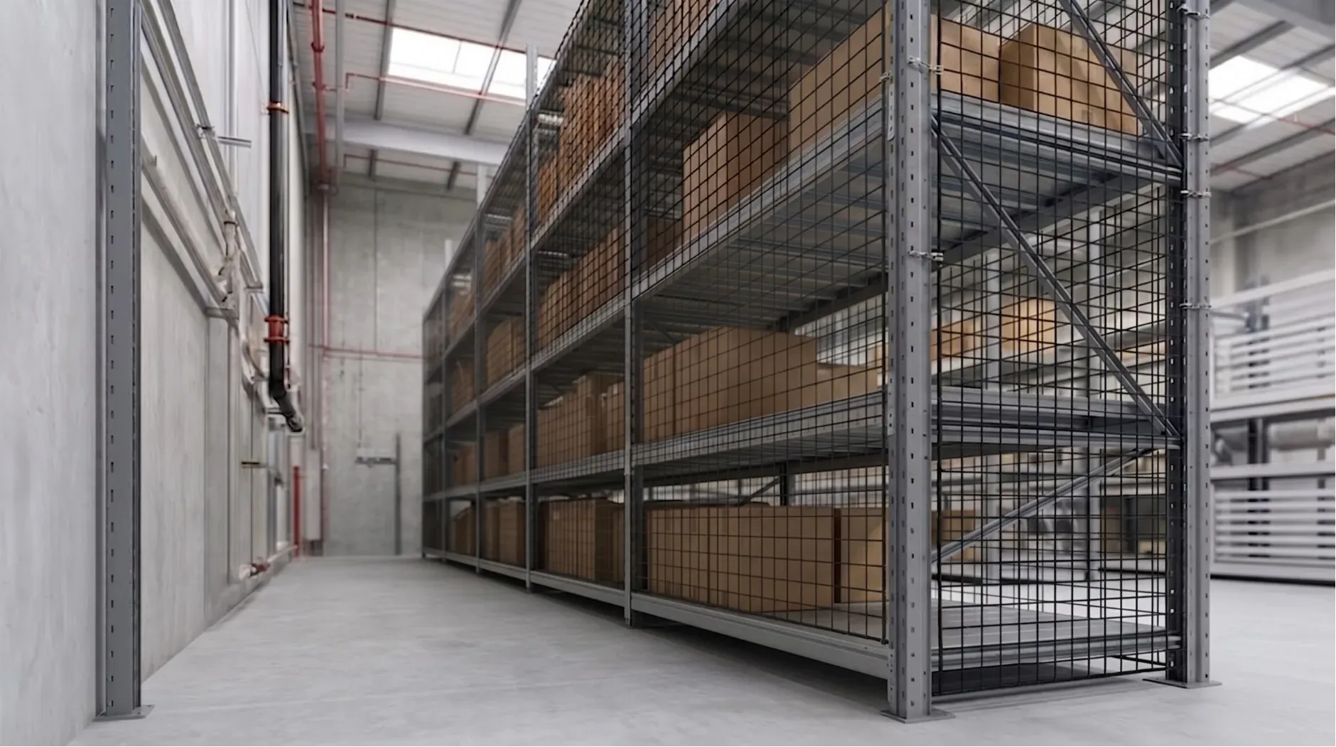 Heavy duty steel wire back mesh installed on the rear side of warehouse pallet racks