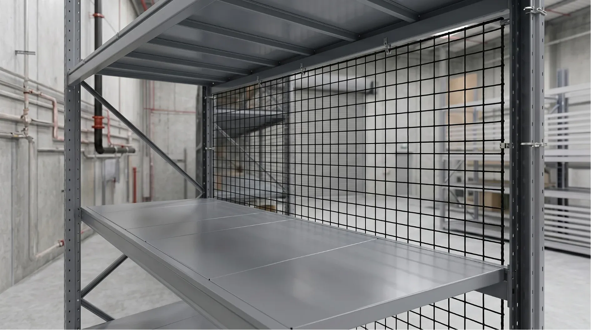 Standoff bracket connection detail fixing wire screens onto vertical racking uprights