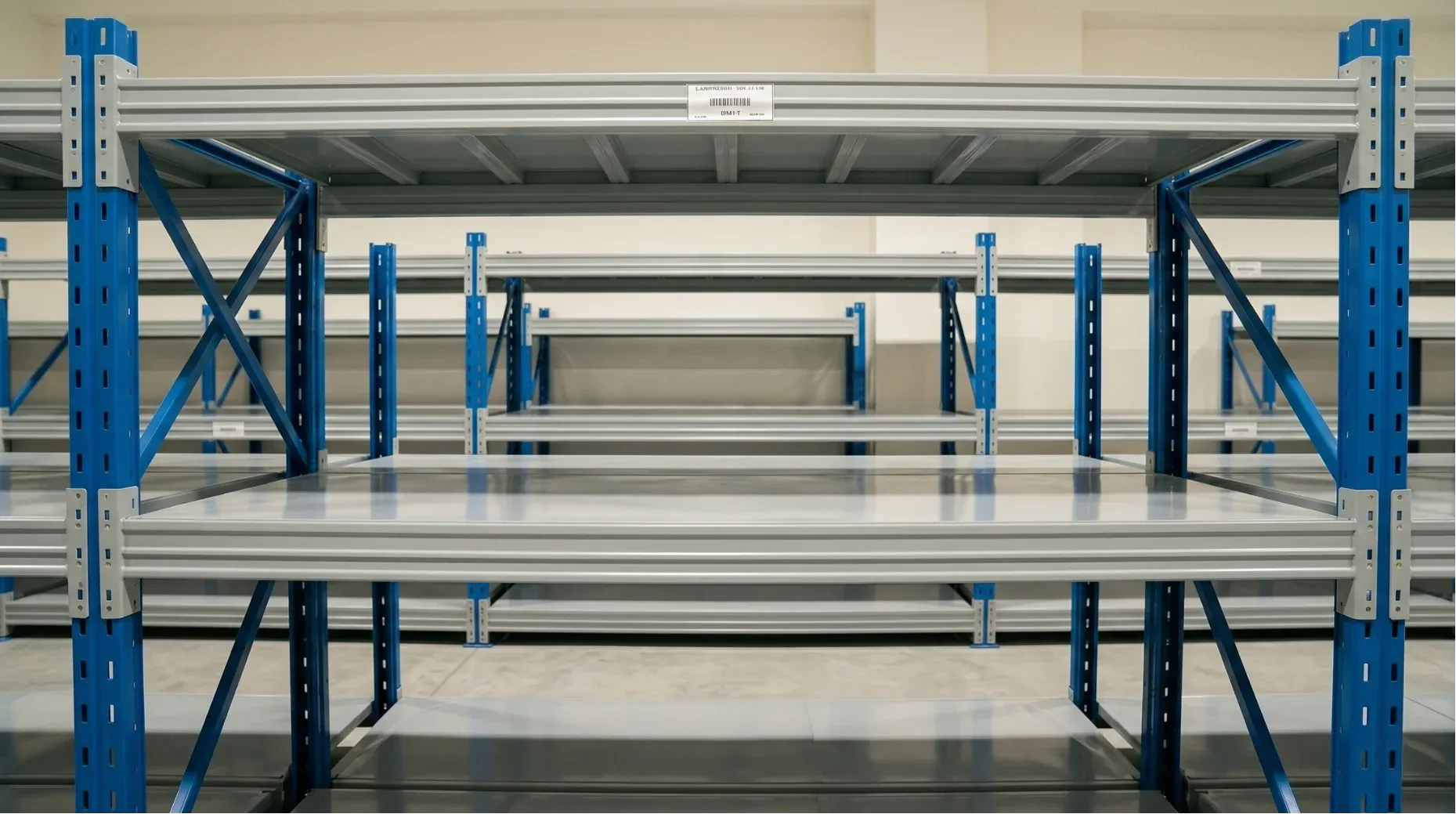 Row of medium duty starter and add-on shelving units