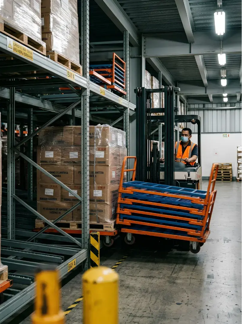 Aktivitas loading pallet pada area distribusi gudang