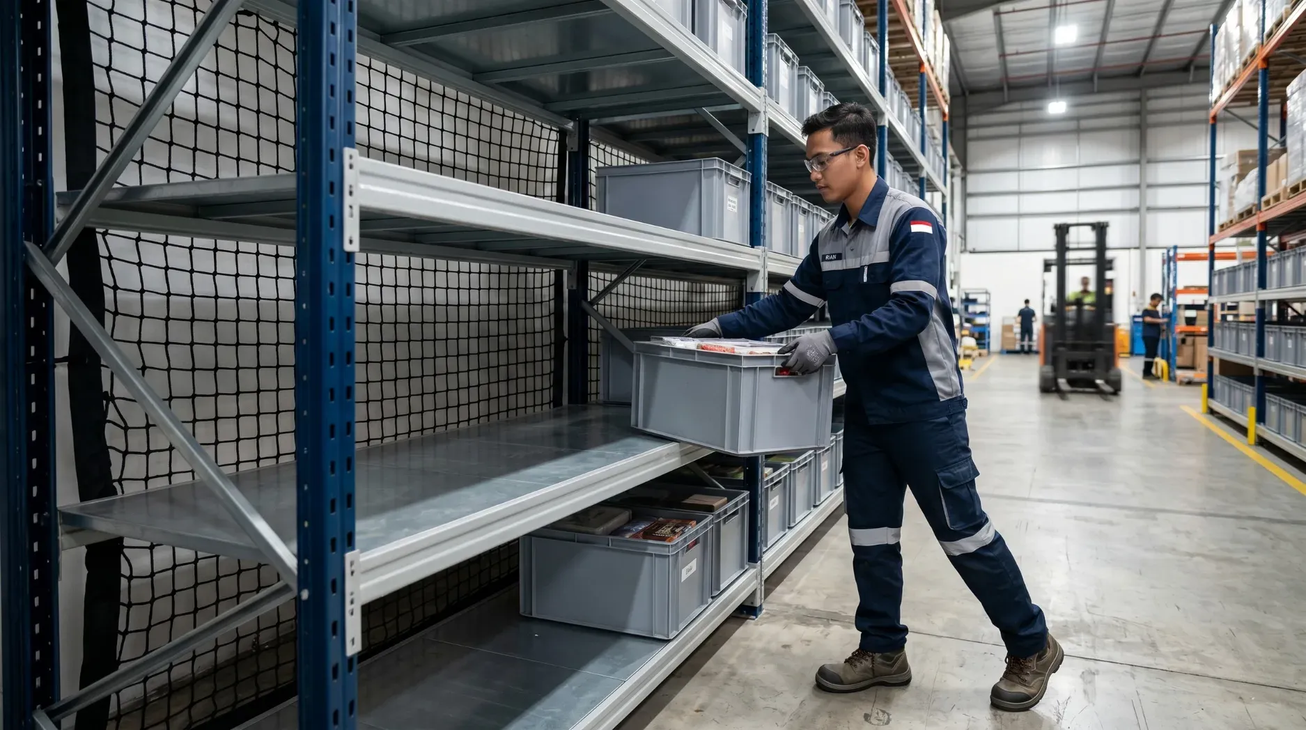 Safe warehouse aisle walking corridor protected by strong racking security mesh enclosures