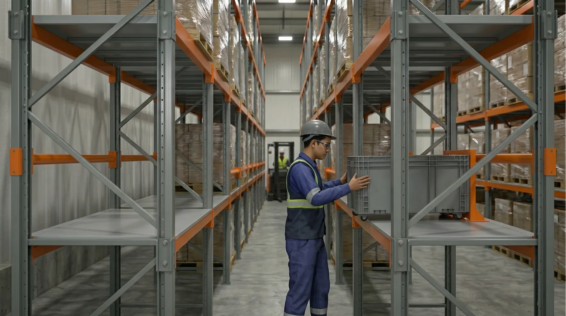 Clear vertical flue space between back-to-back warehouse storage racks