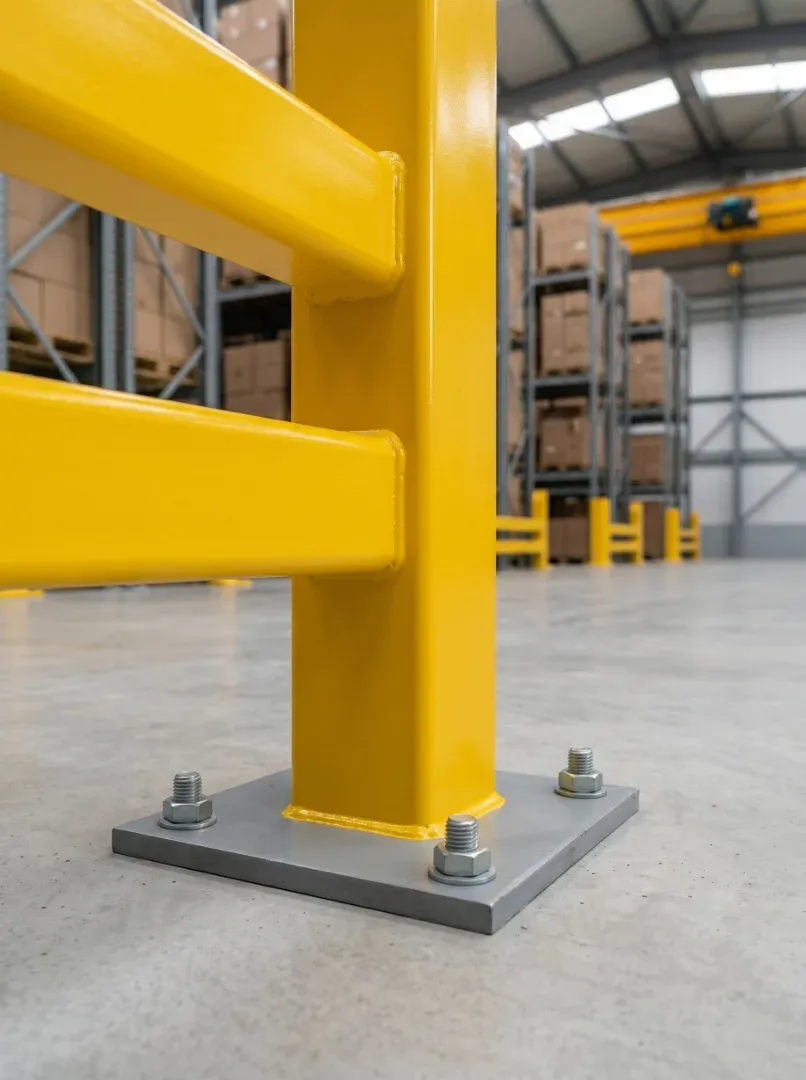 Yellow safety end of row barriers guarding the perimeter of pallet rack rows