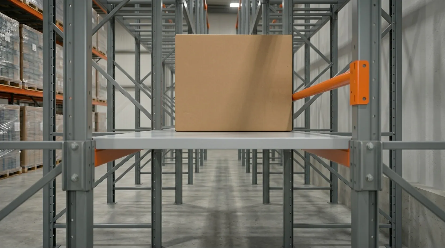 Pallet stoppers installed safely at the rear back of a selective pallet rack bay