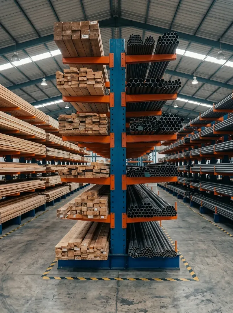 Heavy duty steel bundles stored on double sided arms
