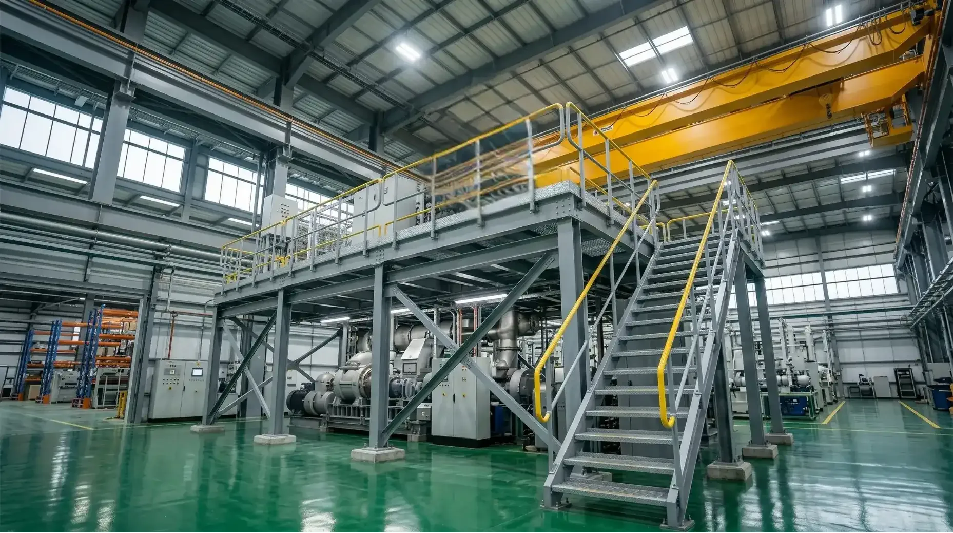 Ergonomic industrial staircases with safety rails connected to elevated platform