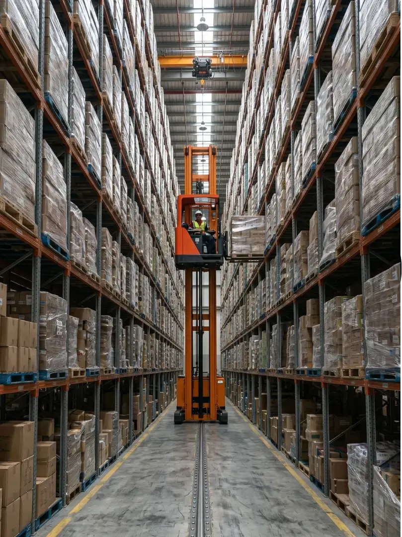 VNA turret truck operating inside narrow aisle warehouse