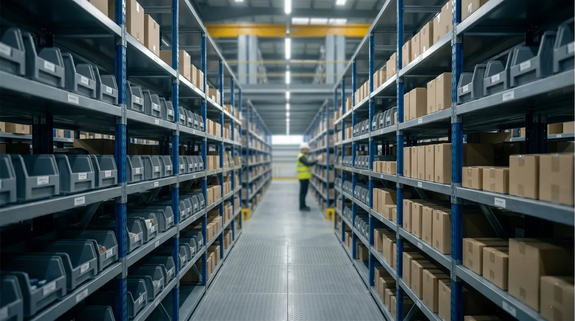 Industrial steel walkway system running overhead along a large scale warehouse
