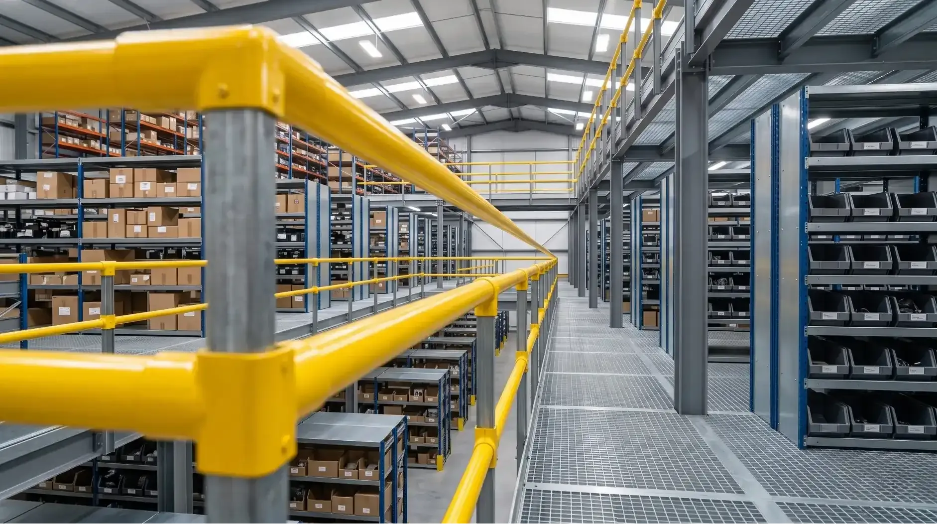 Dual sided continuous yellow safety handrails on an elevated industrial bridge