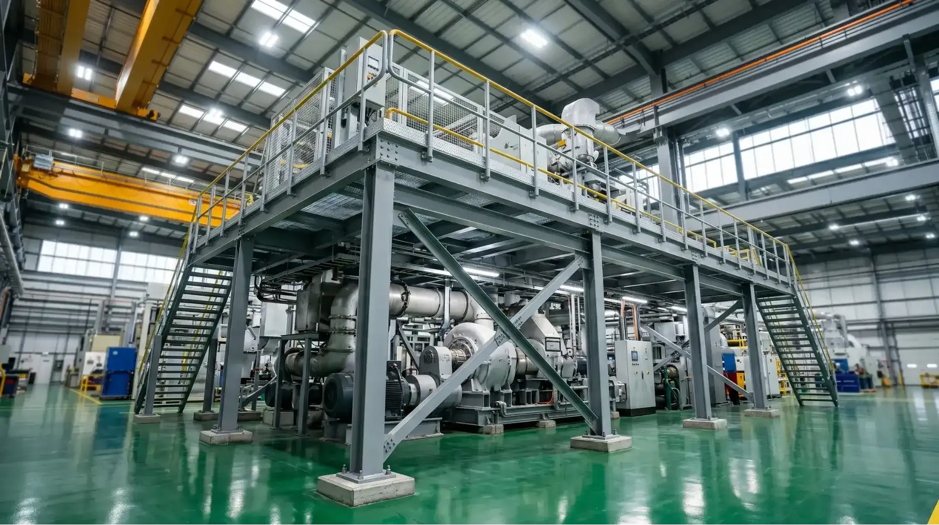 Custom steel work platform built around industrial manufacturing machinery
