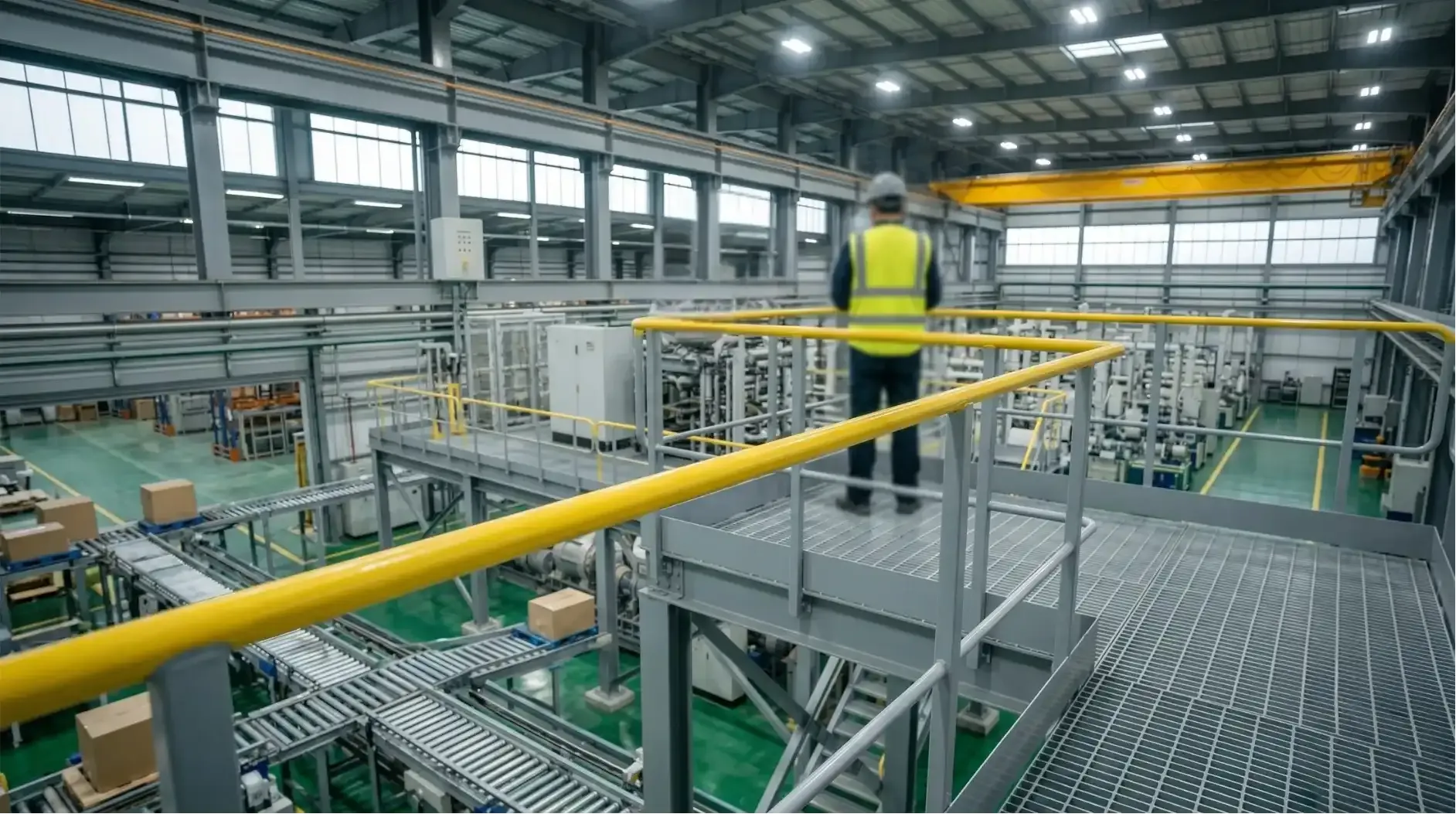 Maintenance crew inspecting automated conveyor tracks from a safe work platform